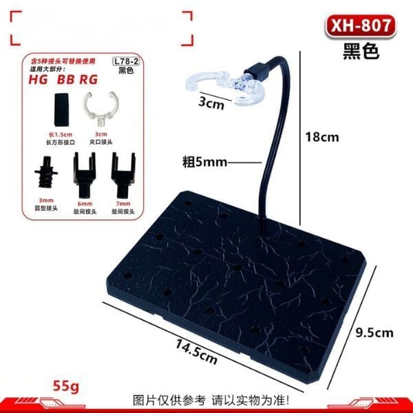 Đế dựng mô hình XH-807 cột dẻo linh hoạt, giúp trưng bày Gundam và figure với nhiều tư thế đẹp mắt.