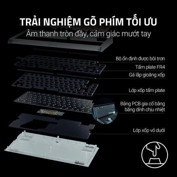 Cấu trúc Gasket và đệm tiêu âm tối ưu gõ phím Razer BlackWidow V4 75% Phantom White nShop