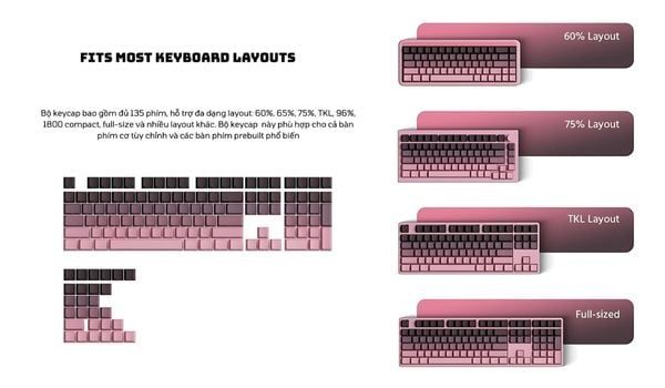 Veekos Black & Pink Gradient PBT Double-Shot / Cherry profile / 135 nút cực kỳ bền,không bị phai màu