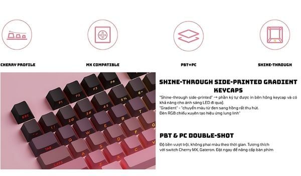 Veekos Black & Pink Gradient PBT Double-Shot / Cherry profile / 135 nút điêu khắc để có góc gõ tự nhiên