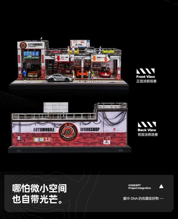mặt trước front view và mặt sau back view Diorama 1:64 - Gara xe Automobile Workshop 2 tầng khi không bật đèn