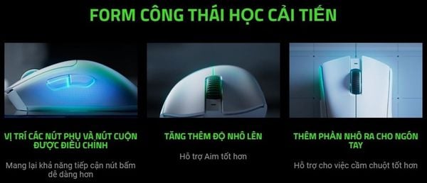 Thiết kế form công thái học cải tiến trên Razer DeathAdder V3 Pro White
