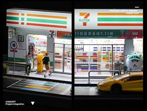 nShop bán Diorama 1:64 Cửa hàng 24h 7-Eleven cỡ vừa SCJ82048-A làm background chụp ảnh xe mô hình diecast