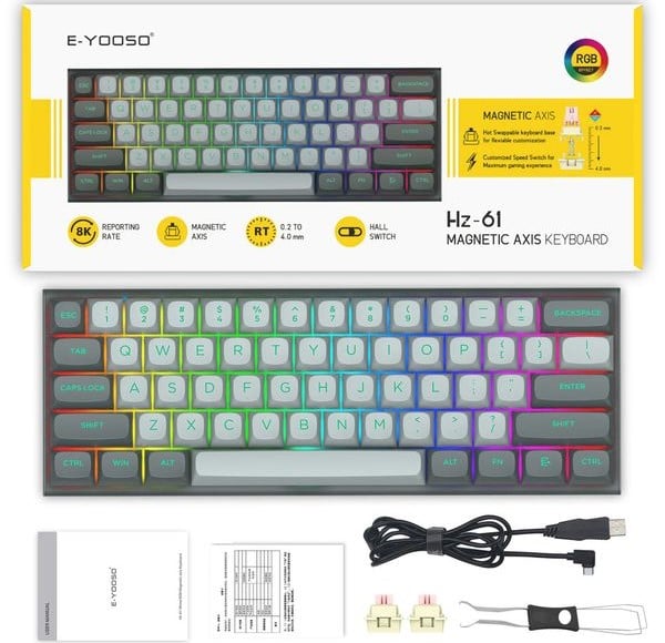 Unbox bán bàn phím cơ E-YOOSO HZ61 RGB USB 61 Phim Grey Magnetic Switch bán ở nShop xem bên trong có gì