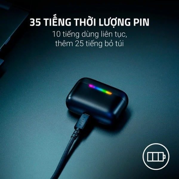 Thời lượng pin 35 tiếng tai nghe Razer Hammerhead V3 X HyperSpeed chính hãng nShop