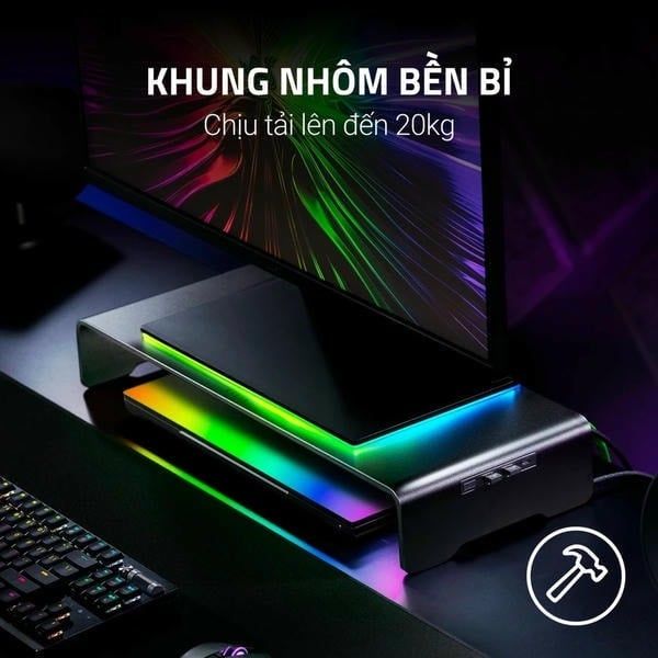 Khung nhôm nguyên khối bền bỉ của Razer Monitor Stand Chroma chịu tải lên đến 20kg