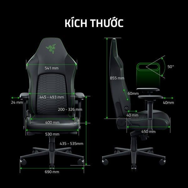 Kích thước chi tiết ghế gaming Razer Iskur V2 NewGen