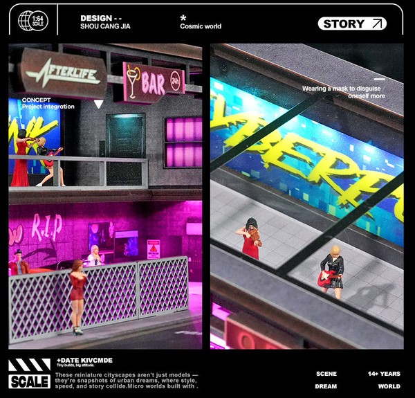Diorama 1:64 - Bãi đậu xe phong cách Punk 82071 có đèn Led thích hợp để trưng bày xe mô hình Tomica Hotwheels