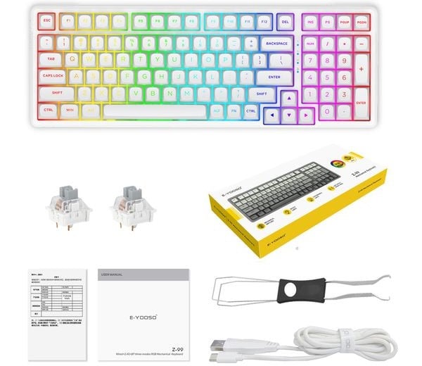 Unbox bàn phím Gaming E-YOOSO Z99 RGB USB White Silverwood Switch bán ở nShop xem bên trong có gì