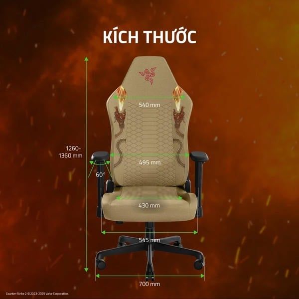 Sơ đồ kích thước chi tiết của ghế gaming Razer Iskur V2 X CS2 nShop