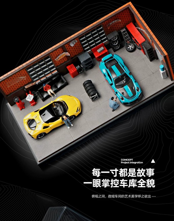 nShop bán Diorama 1:64 Xưởng sửa chữa xe tường gạch đỏ SCJ82002-A tiểu cảnh có nắp mica dễ trưng bày bảo quản