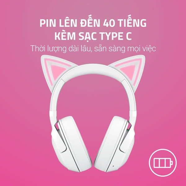 Thời lượng pin 40 tiếng trên tai nghe Razer Kraken Kitty V2 BT nShop
