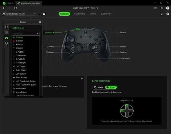 Giao diện tùy chỉnh thông minh cho Razer Wolverine V3 TE qua ứng dụng Razer Synapse 4