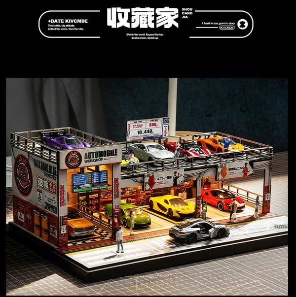 Diorama 1:64 - Gara xe Automobile Workshop 2 tầng thích hợp làm quà tặng người chơi xe mô hình