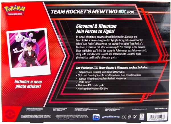 mặt sau lưng back view thông tin hộp Thẻ bài Pokemon TCG Team Rocket's Mewtwo ex Box tiếng Anh