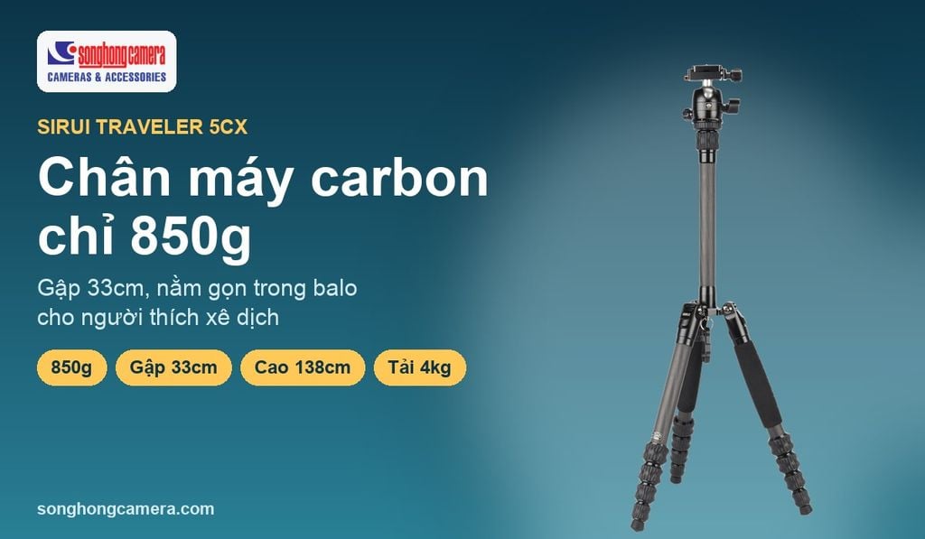 Sirui Traveler 5CX: chân máy carbon 850g, gập 33cm cho người thích xê dịch