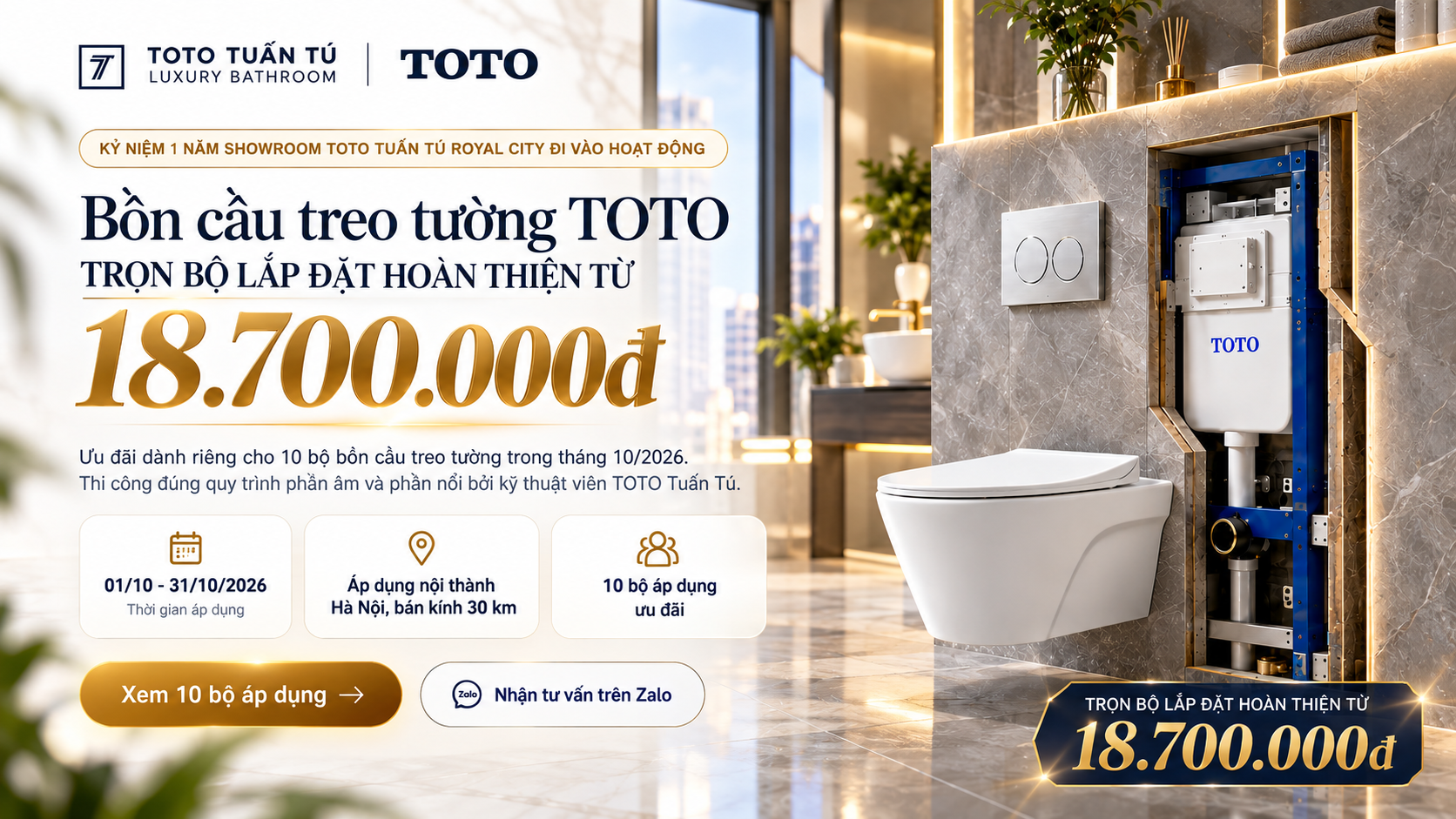 Ưu đãi bồn cầu treo tường TOTO tháng 10/2026