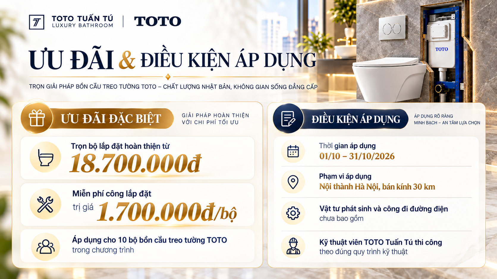 Ưu đãi và điều kiện áp dụng chương trình bồn cầu treo tường TOTO