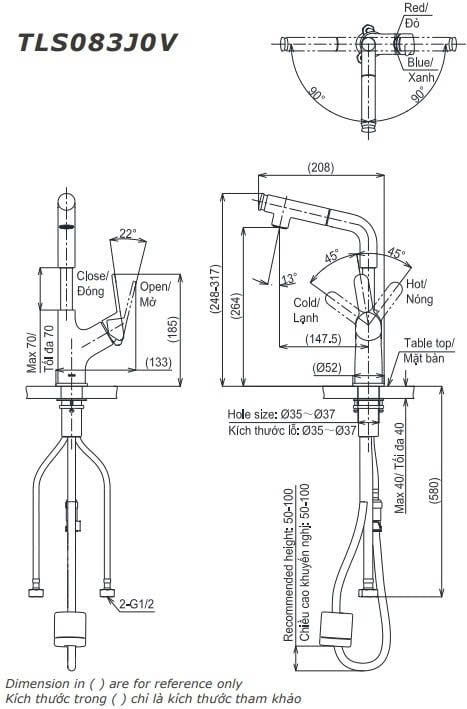Bản vẽ kỹ thuật vòi chậu dây rút TOTO TLS083J0V