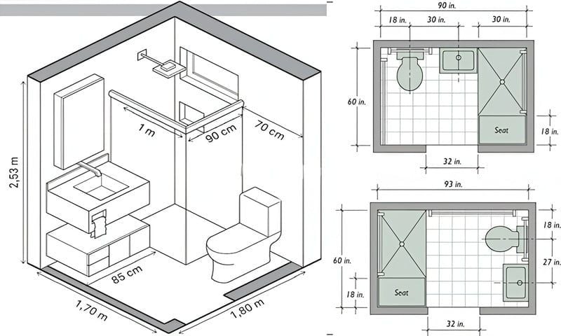 Các thông số trên bản vẽ nhà vệ sinh cần thể hiện rõ tâm xả, độ dốc sàn, khoảng cách thiết bị