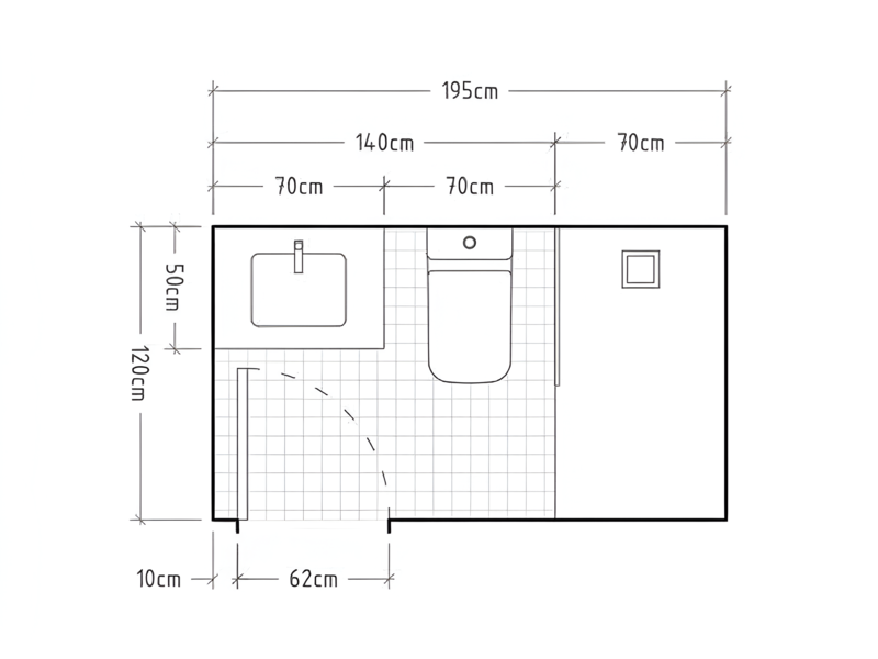 Bản vẽ nhà vệ sinh gia đình bố trí lavabo, bồn cầu, khu tắm theo hàng dọc tối ưu diện tích