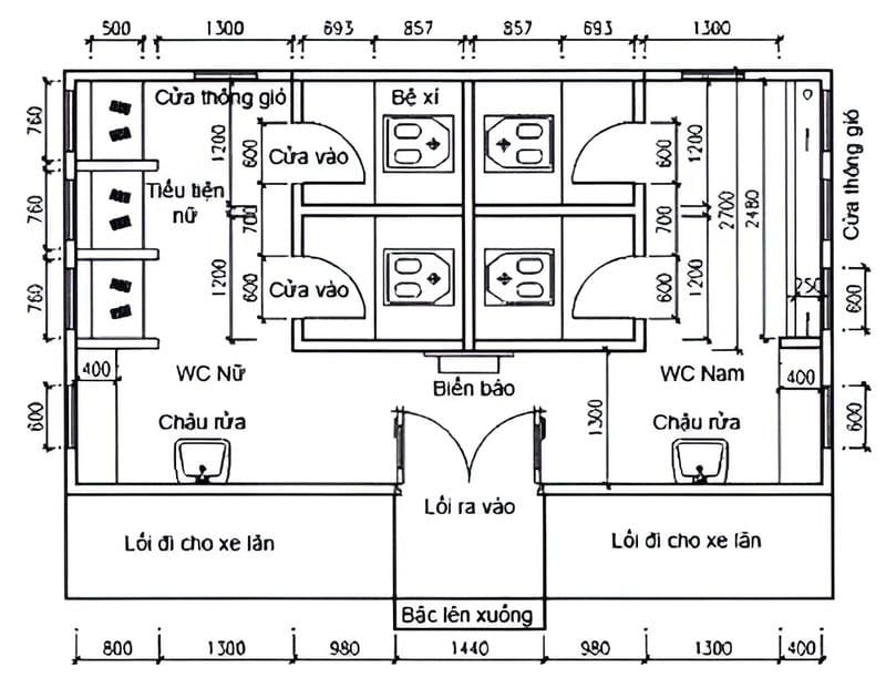 Bản vẽ nhà vệ sinh công cộng đạt chuẩn với nhiều phòng ngăn và khu vực cho người khuyết tật