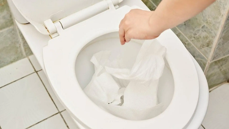 Giấy vệ sinh và chất thải tích tụ gây tắc nghẽn bồn cầu xả chậm