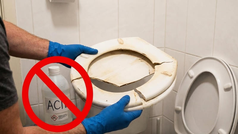 Không dùng HCl vì dễ làm hỏng và giòn nhựa ABS nắp bồn cầu