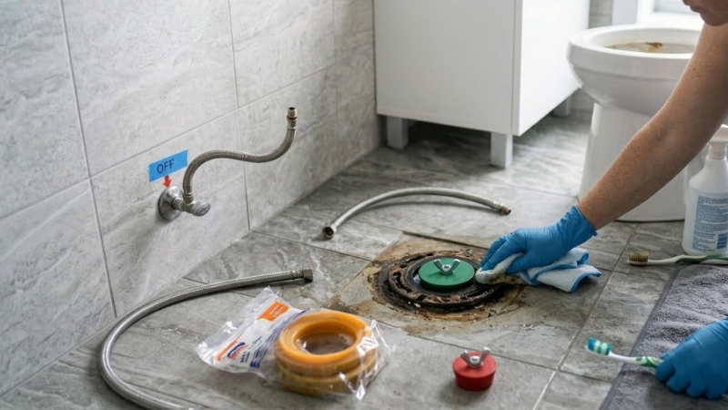 Làm sạch vị trí lắp đặt và bịt kín đường ống thoát nước bồn cầu