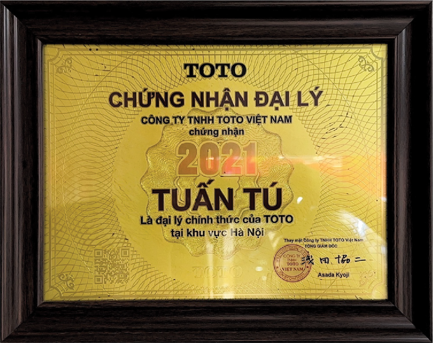 Chứng nhận đại lý TOTO Tuấn Tú năm 2021
