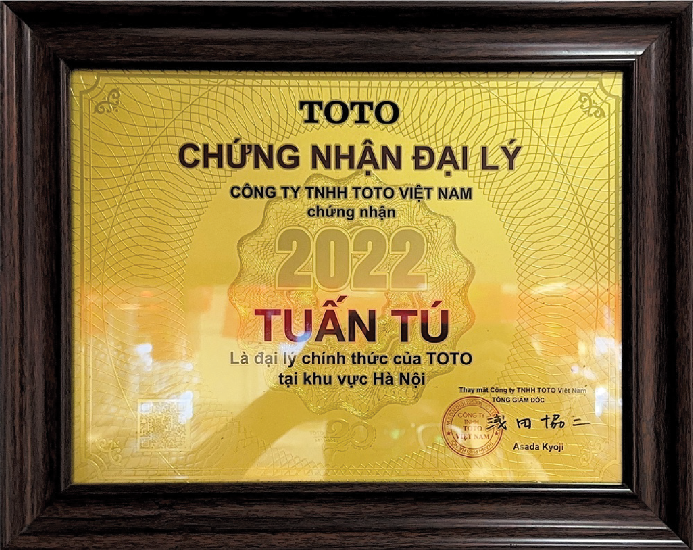 Chứng nhận đại lý TOTO Tuấn Tú năm 2022
