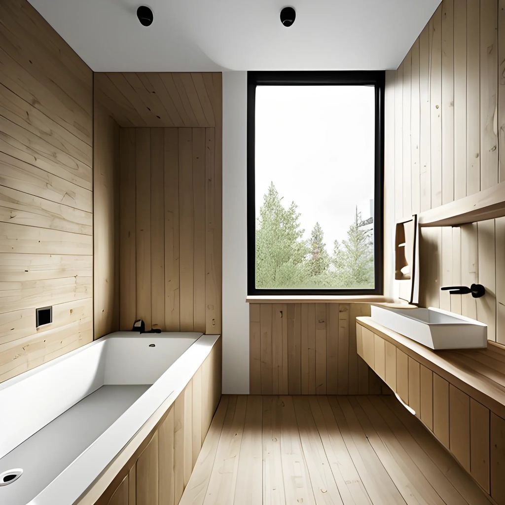 Tủ gỗ bên dưới lavabo cùng chiếc ghế tắm