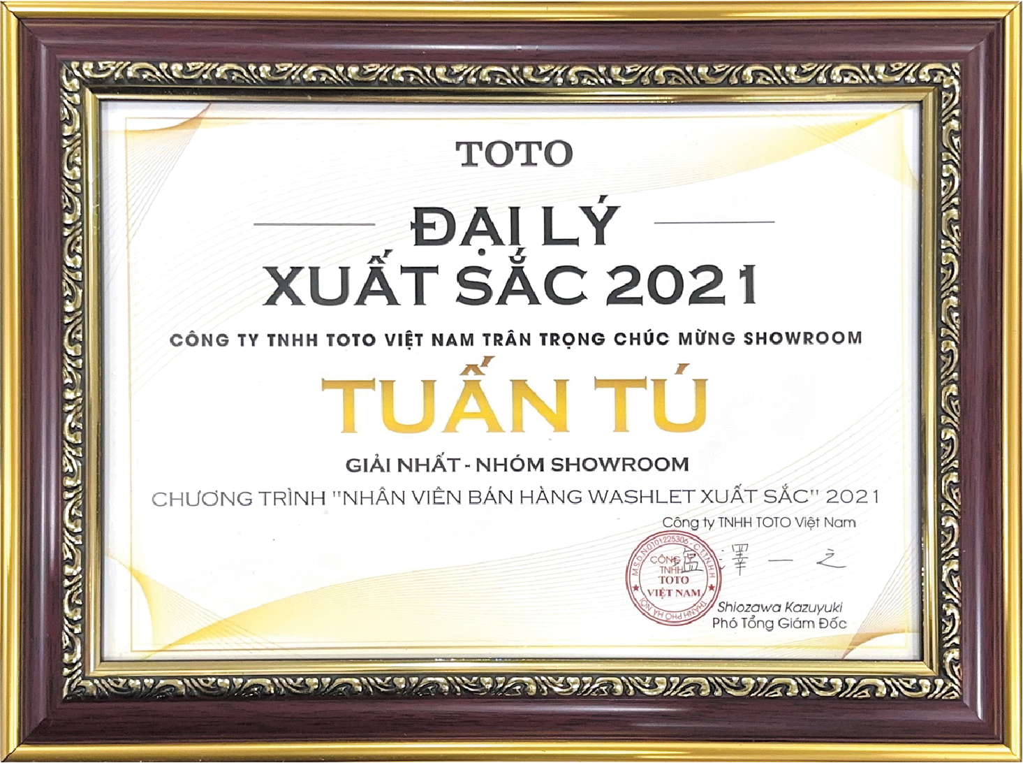 Nhân viên bán hàng WASHLET xuất sắc nhất khu vực các tỉnh phía Bắc năm 2021