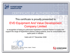 EVD CHÍNH THỨC TRỞ THÀNH ĐỐI TÁC PHÂN PHỐI THIẾT BỊ CẮT PLASMA HYPERTHERM TẠI VIỆT NAM