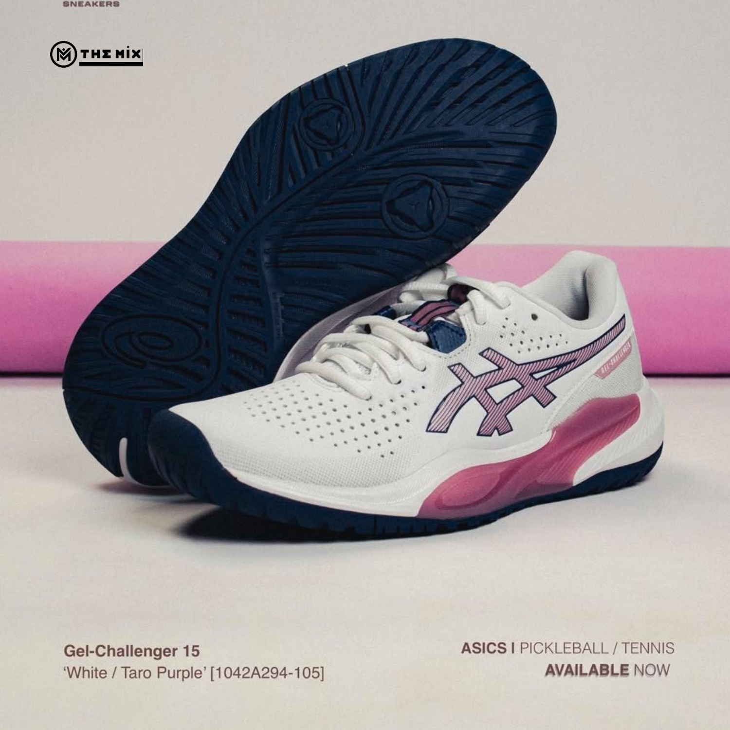 Asics Gel Challenger 15 White Taro Purple, ASICS women tennis shoes, 1042A294-105, GEL cushioning, purple tennis shoes, court performance shoes, asics women pickleball, picklball shoes, giày pickleball nữ