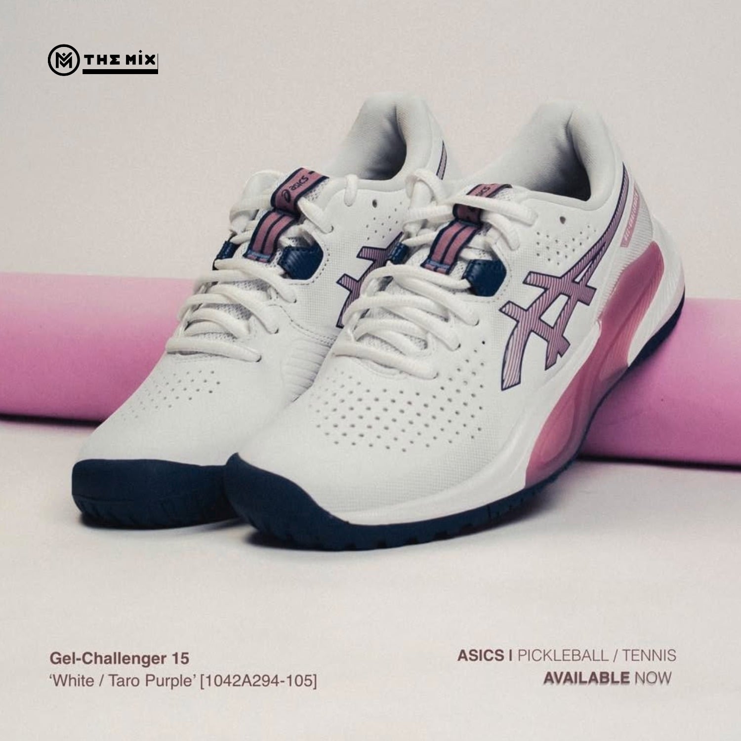 Asics Gel Challenger 15 White Taro Purple, ASICS women tennis shoes, 1042A294-105, GEL cushioning, purple tennis shoes, court performance shoes, asics women pickleball, picklball shoes, giày pickleball nữ