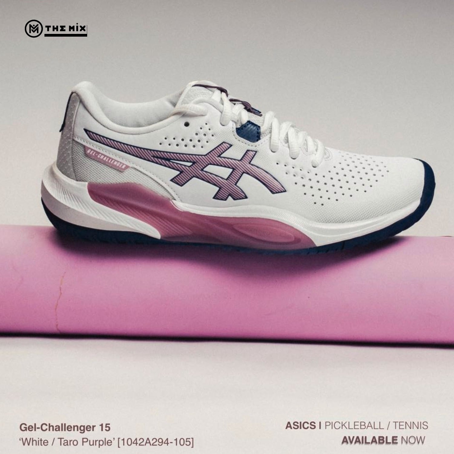 Asics Gel Challenger 15 White Taro Purple, ASICS women tennis shoes, 1042A294-105, GEL cushioning, purple tennis shoes, court performance shoes, asics women pickleball, picklball shoes, giày pickleball nữ