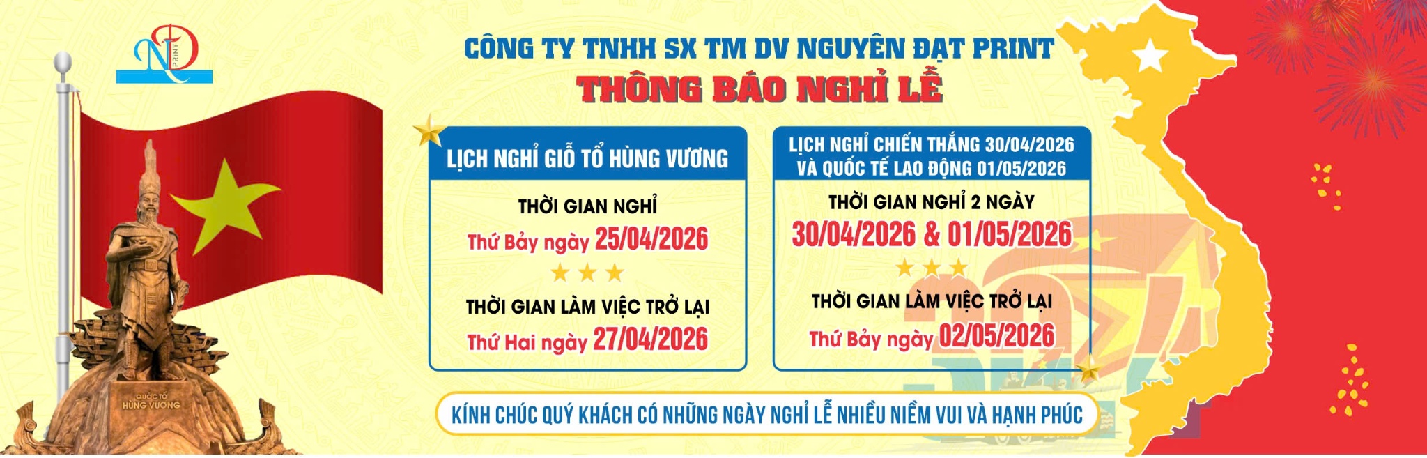 Thông báo nghỉ lễ Giỗ Tổ Hùng Vương 10/03 AL - 30/04 & 01/05/2026