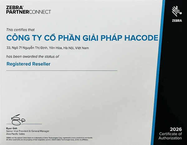 Chứng nhận Đại lý bán hàng Zebra của HACODE