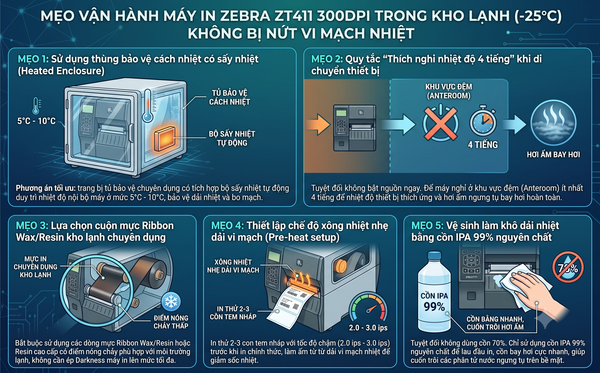Mẹo vận hành máy in Zebra ZT411 300dpi an toàn trong môi trường âm độ