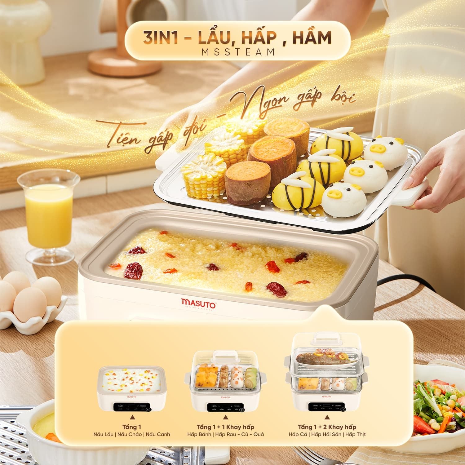 Nồi lẩu hấp Maassuto đang hấp rau củ, hải sản và bánh bao trên khay 2 tầng, thể hiện tính năng hấp đa món cùng lúc, giữ trọn dinh dưỡng và hương vị.