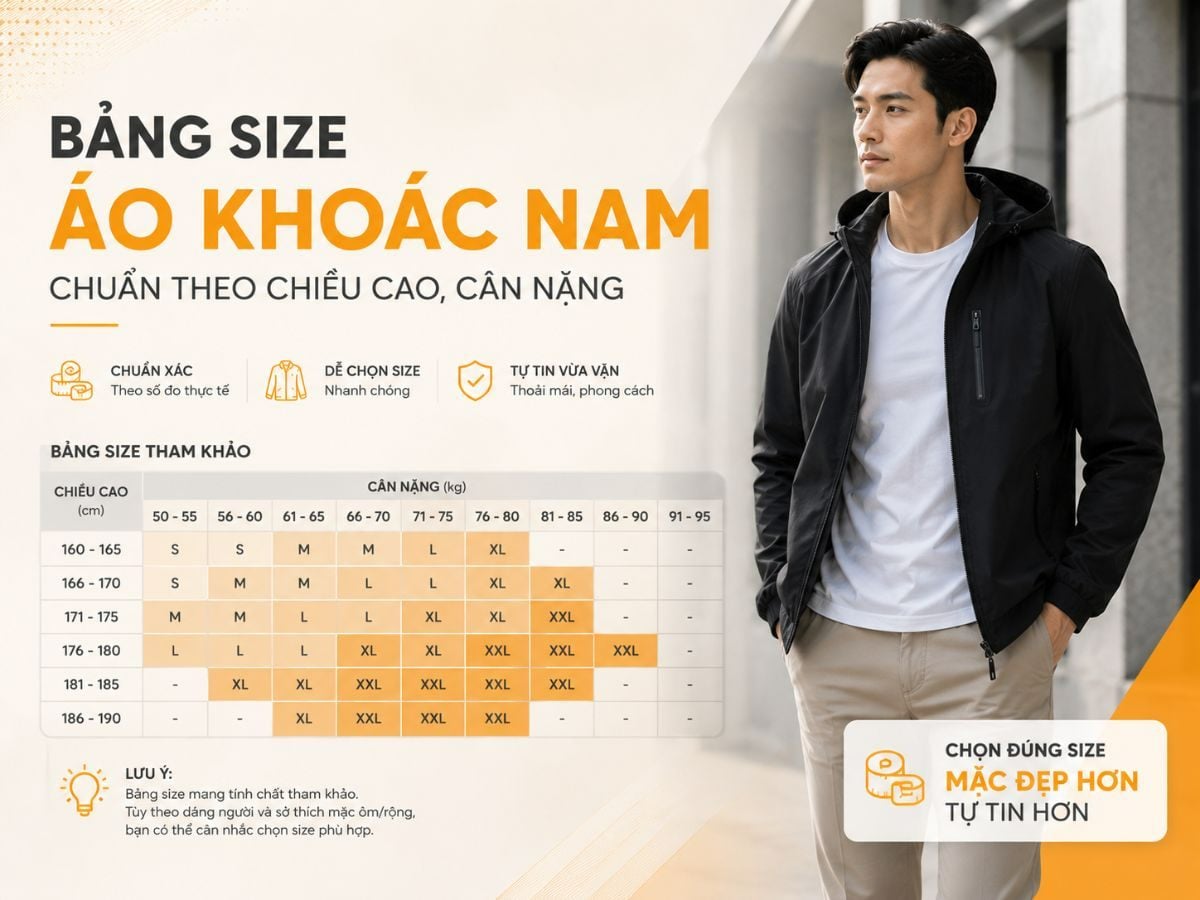 Bảng size áo khoác nam chuẩn theo chiều cao, cân nặng