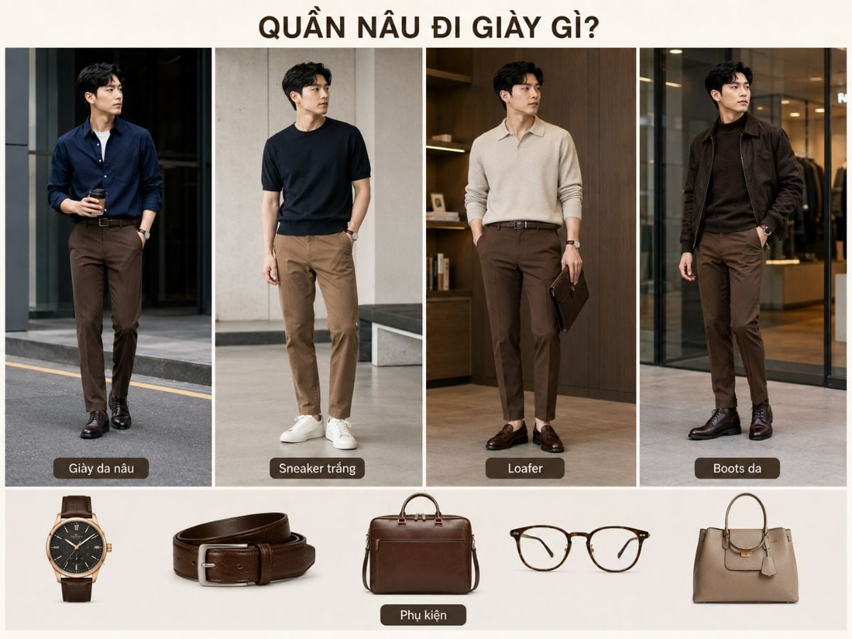 Giày dép và phụ kiện khi phối đồ quần nâu