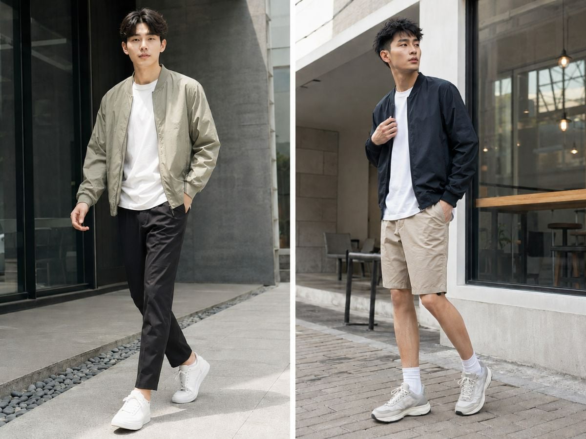 Bomber mỏng tạo điểm nhấn cho outfit mùa hè mà vẫn giữ phom gọn
