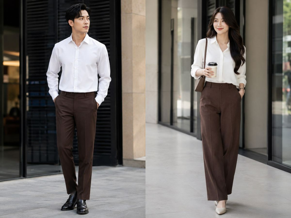 Áo màu trắng phối quần nâu sáng sủa, phù hợp nhiều hoàn cảnh