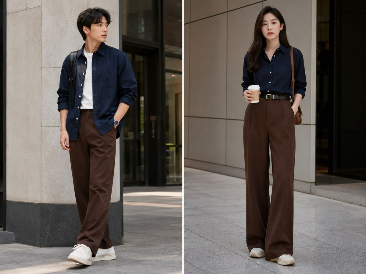 Áo màu xanh navy quần nâu phong cách smart casual