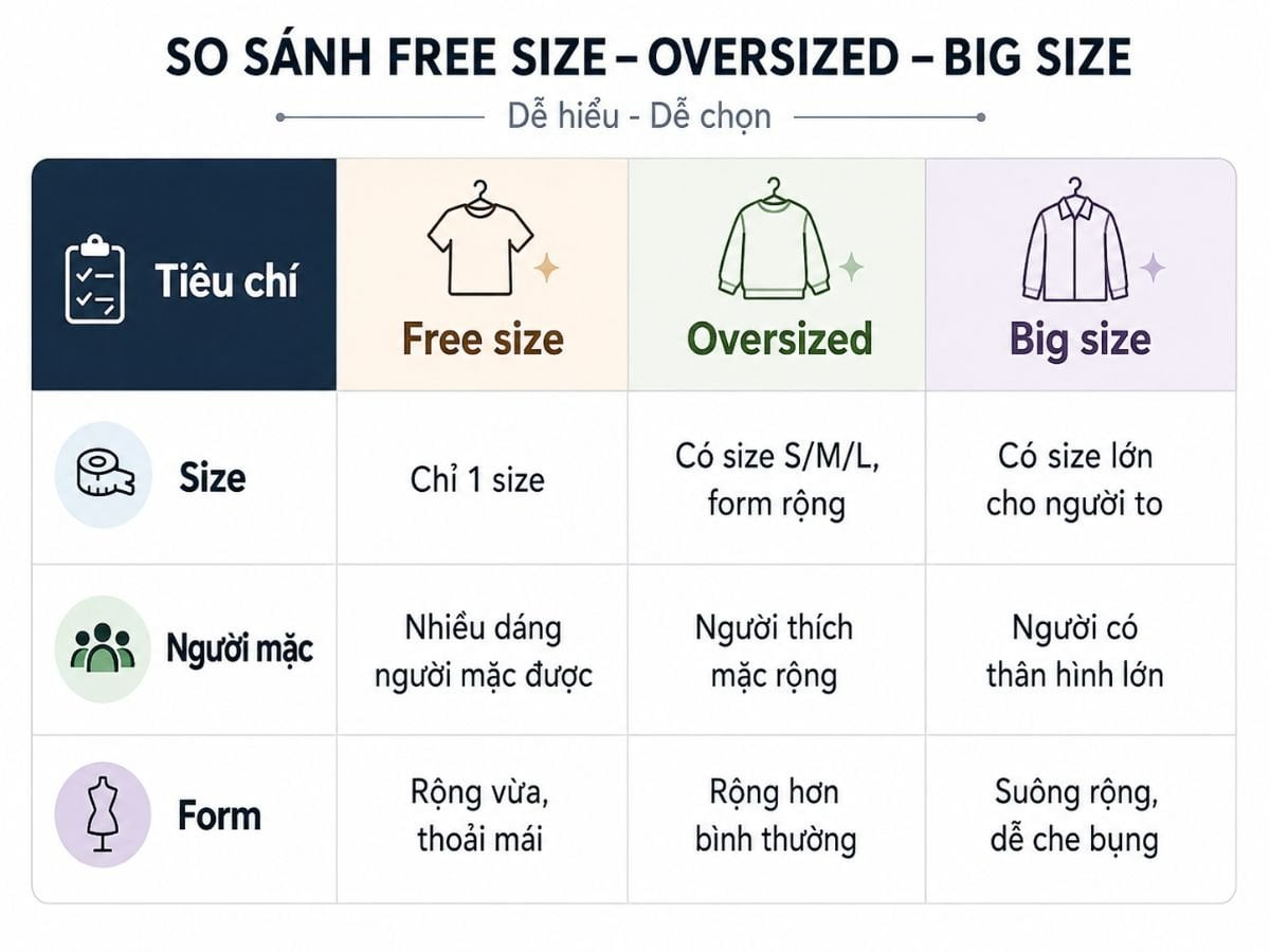 Phân biệt freesize oversize và big size