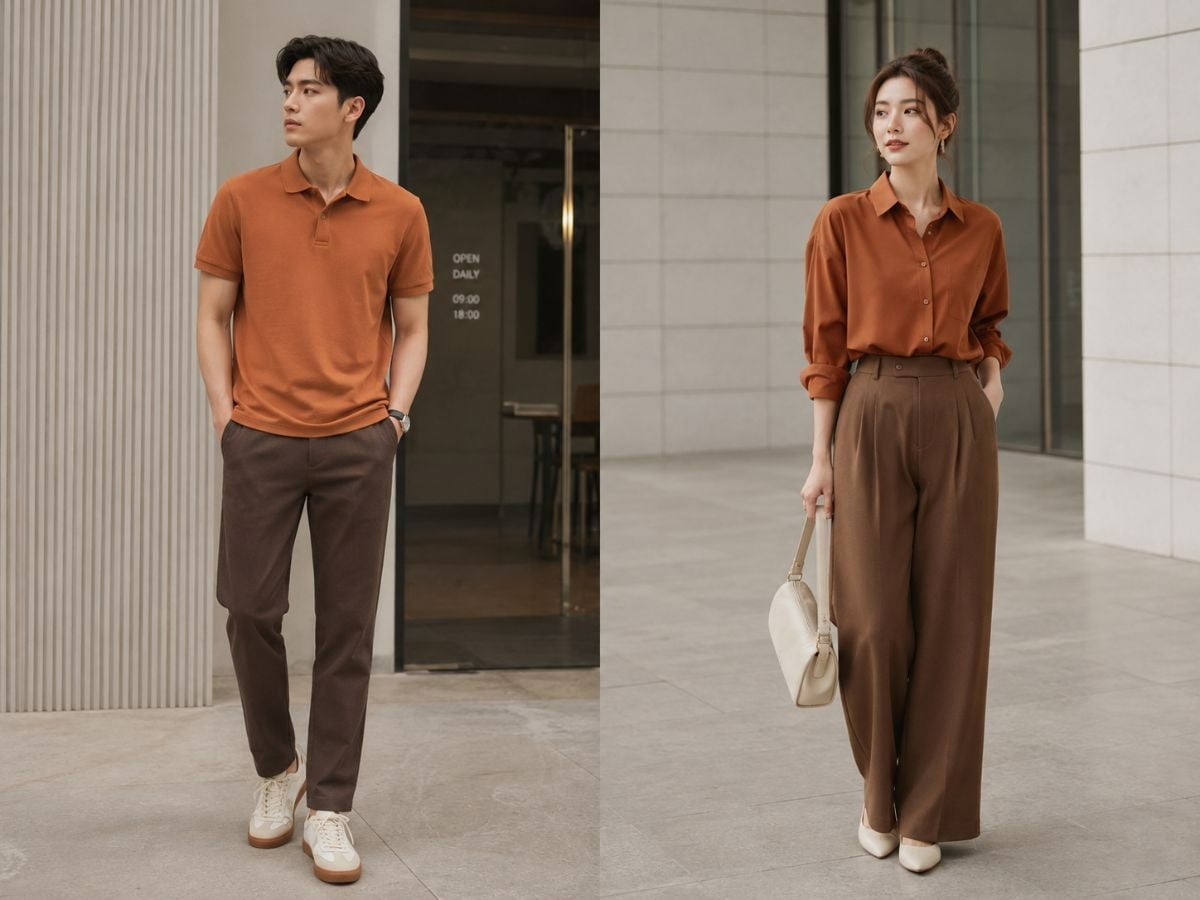Áo cam đất hoặc nâu cam phối quần nâu