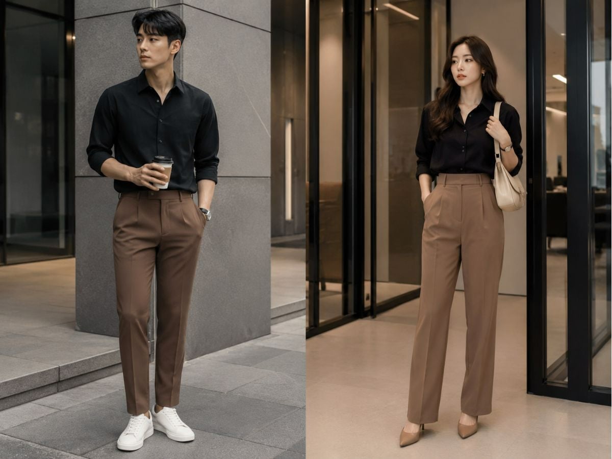 Áo đen phối quần nâu cá tính, mạnh mẽ