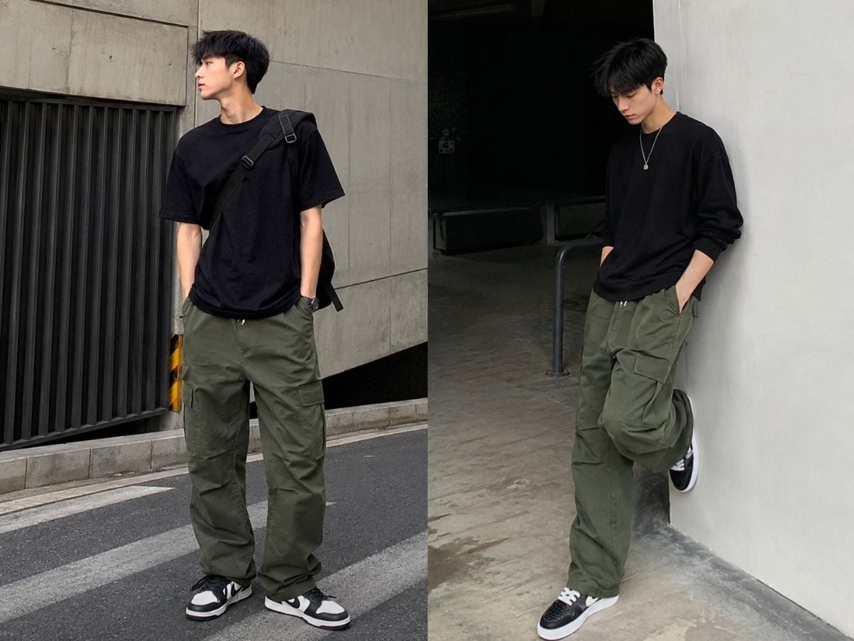 Áo đen phối quần xanh rêu tạo tổng thể trầm, gọn và mang nét streetwear nam tính